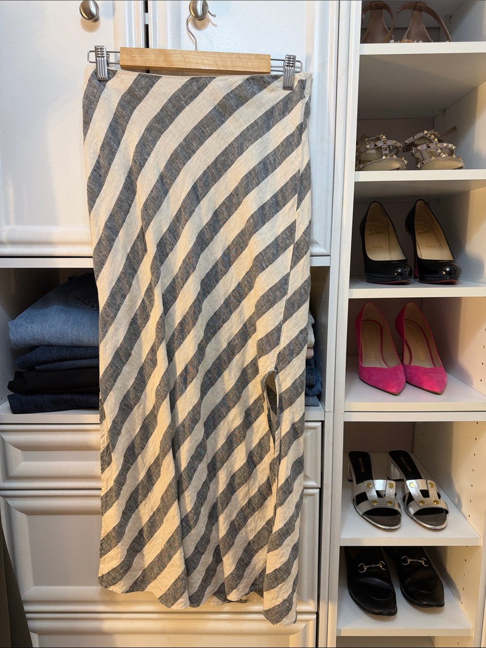 J. Crew Cream and Gray Diagonal linen Stripe Maxi Skirt